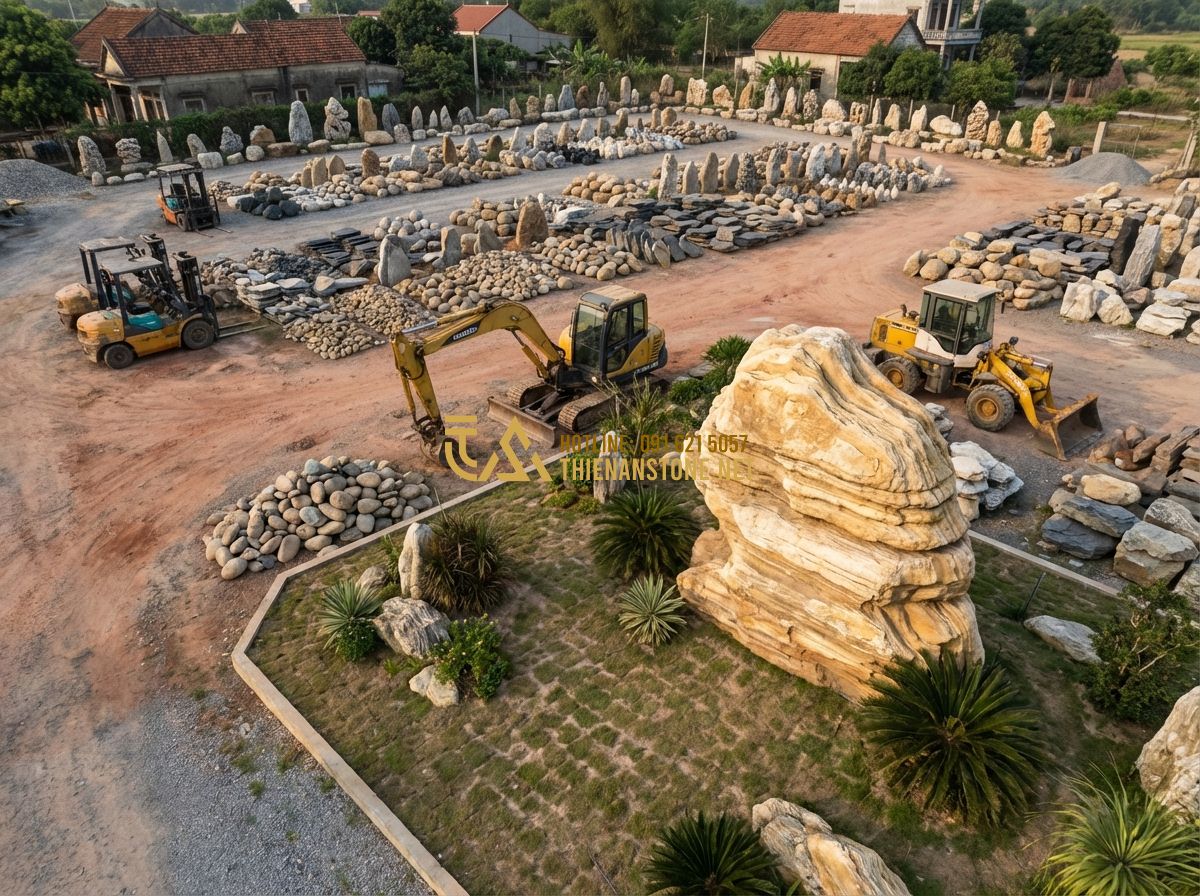 Review Giá Đá Cảnh Tự Nhiên Năm 2024: Từ Đá Mini Đến Đá Lớn Sân Vườn - Hình 7 Review Giá Đá Cảnh Tự Nhiên Năm 2024: Từ Đá Mini Đến Đá Lớn Sân Vườn - An aerial view of a professional stone yard filled with various types and sizes