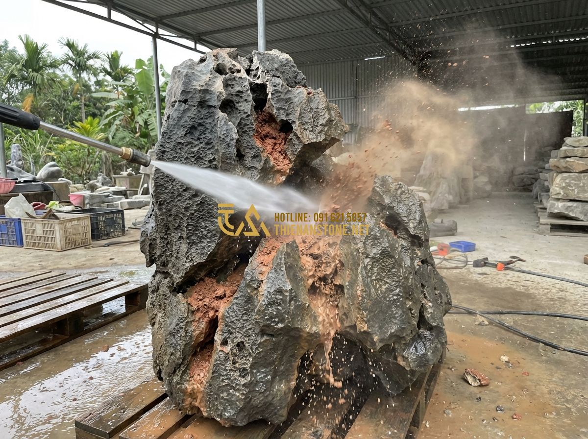 Review Thực Tế Đá Tai Mèo Cúc Phương: Ưu Nhược Điểm Và Có Nên Mua? - Tạo ảnh tiếng Anh: A person using a high-pressure water sprayer to clean a large