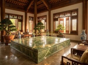 Sập Đá Cẩm Thạch, Ngọc, Thạch Anh Đẹp: Mẫu Phản Đá Tự Nhiên Cao Cấp Nhất 2026 - Tạo ảnh tiếng Anh: A luxurious Vietnamese traditional living room featuring a ma