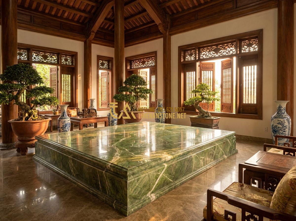 Sập Đá Cẩm Thạch, Ngọc, Thạch Anh Đẹp: Mẫu Phản Đá Tự Nhiên Cao Cấp Nhất 2026 - Hình 1 Sập Đá Cẩm Thạch, Ngọc, Thạch Anh Đẹp: Mẫu Phản Đá Tự Nhiên Cao Cấp Nhất 2026 - Tạo ảnh tiếng Anh: A luxurious Vietnamese traditional living room featuring a ma