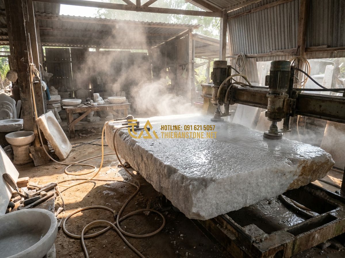 Sập Đá Cẩm Thạch, Ngọc, Thạch Anh Đẹp: Mẫu Phản Đá Tự Nhiên Cao Cấp Nhất 2026 - Hình 5 Sập Đá Cẩm Thạch, Ngọc, Thạch Anh Đẹp: Mẫu Phản Đá Tự Nhiên Cao Cấp Nhất 2026 - Tạo ảnh tiếng Anh: Skilled craftsmen working in a traditional stone workshop in