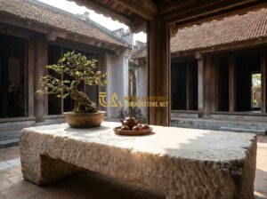 Sập Đá Nguyên Khối Đẹp 2026: 120+ Mẫu Phản Đá Tự Nhiên Cao Cấp Sang Trọng - A cinematic shot of an ancient stone bed handcrafted from dark gray natural ston