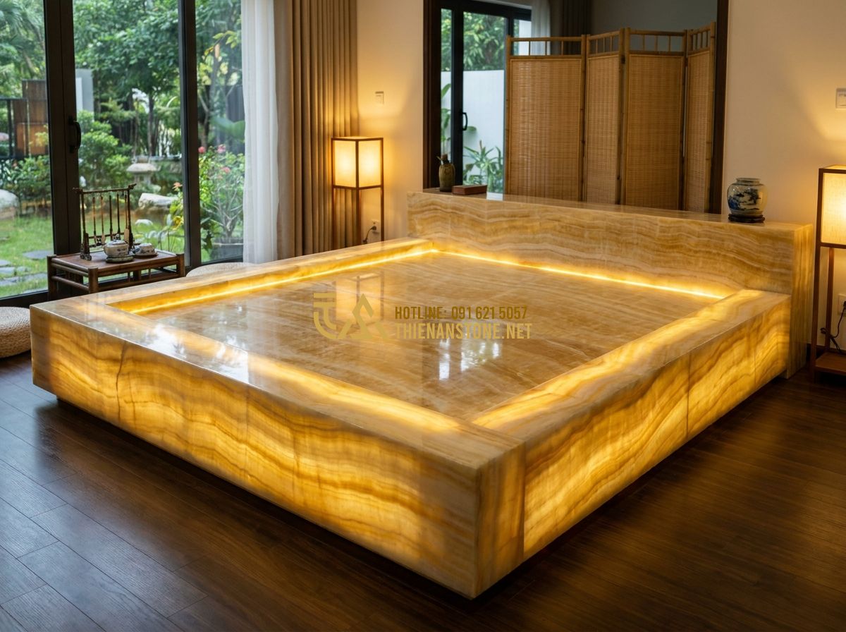 Sập Đá Nguyên Khối Đẹp 2026: 120+ Mẫu Phản Đá Tự Nhiên Cao Cấp Sang Trọng - Hình 3 Sập Đá Nguyên Khối Đẹp 2026: 120+ Mẫu Phản Đá Tự Nhiên Cao Cấp Sang Trọng - A luxurious stone bed made of translucent green Serpentine jade stone, glowing s