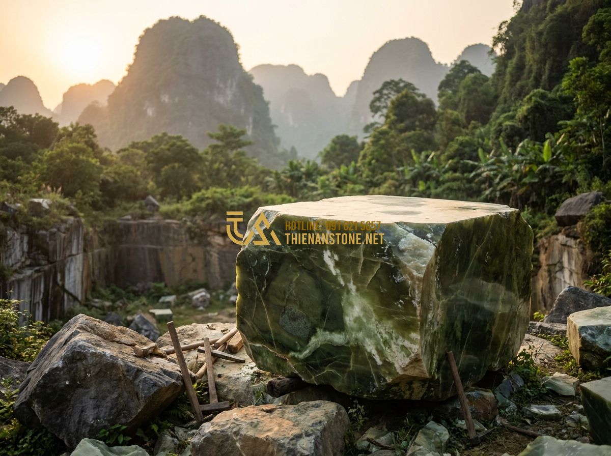 Sập Đá Xanh Yên Bái Tự Nhiên: Đặc Điểm & Mẫu Phản Đá Đẹp Dành Cho Thờ Cúng - Tạo ảnh tiếng Anh: A majestic scene of an ancient stone quarry in Yen Bai provin