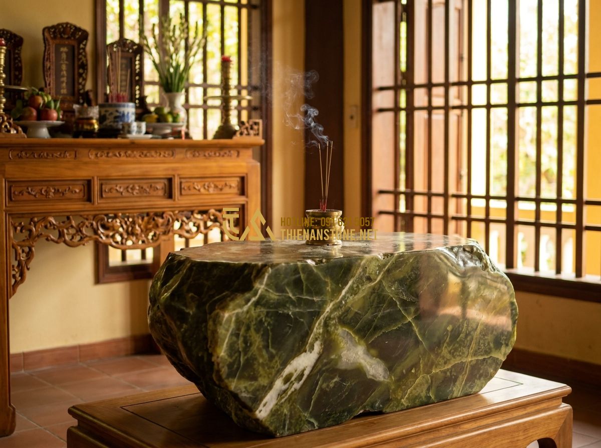 Sập Đá Xanh Yên Bái Tự Nhiên: Đặc Điểm & Mẫu Phản Đá Đẹp Dành Cho Thờ Cúng - Tạo ảnh tiếng Anh: A serene indoor worship space with a traditional Vietnamese d