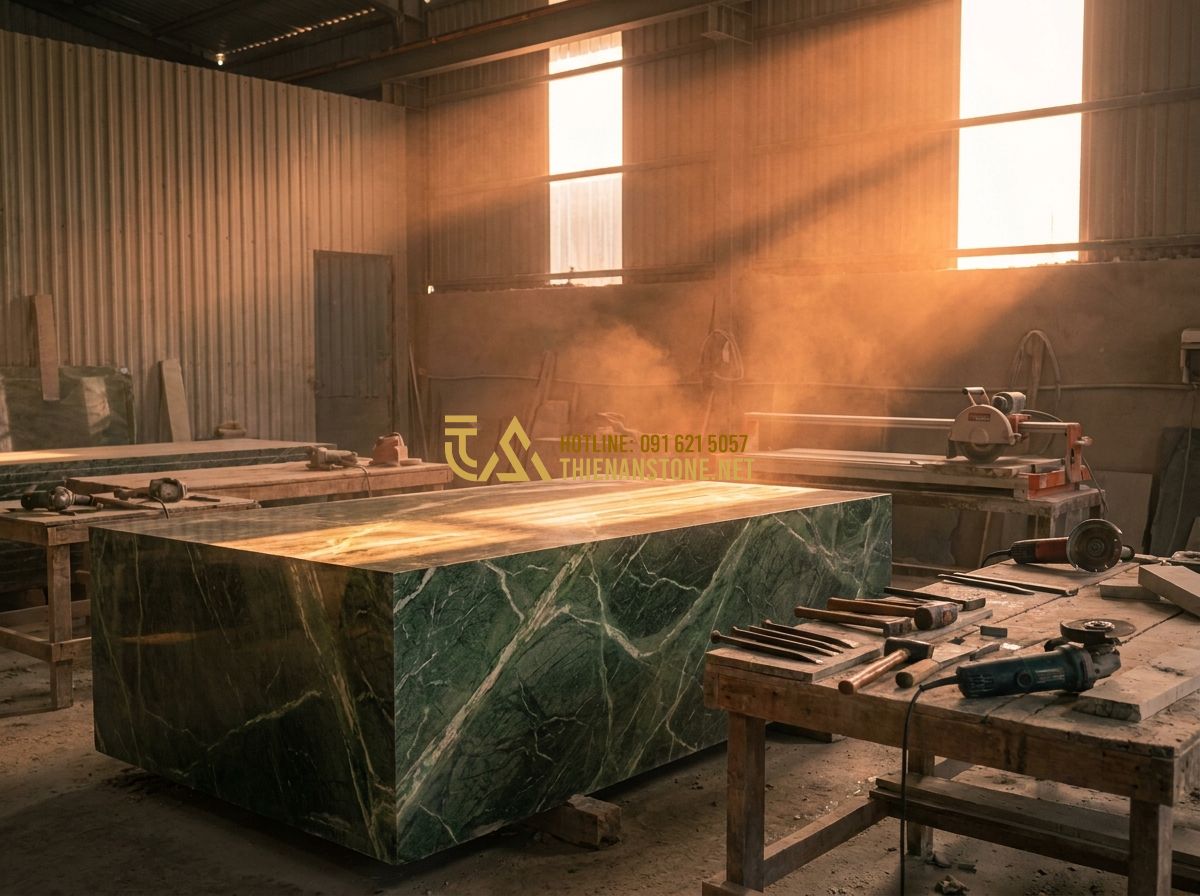 Sập Đá Xanh Yên Bái Tự Nhiên: Đặc Điểm & Mẫu Phản Đá Đẹp Dành Cho Thờ Cúng - Tạo ảnh tiếng Anh: Skilled Vietnamese stone artisans working in a large stone ma