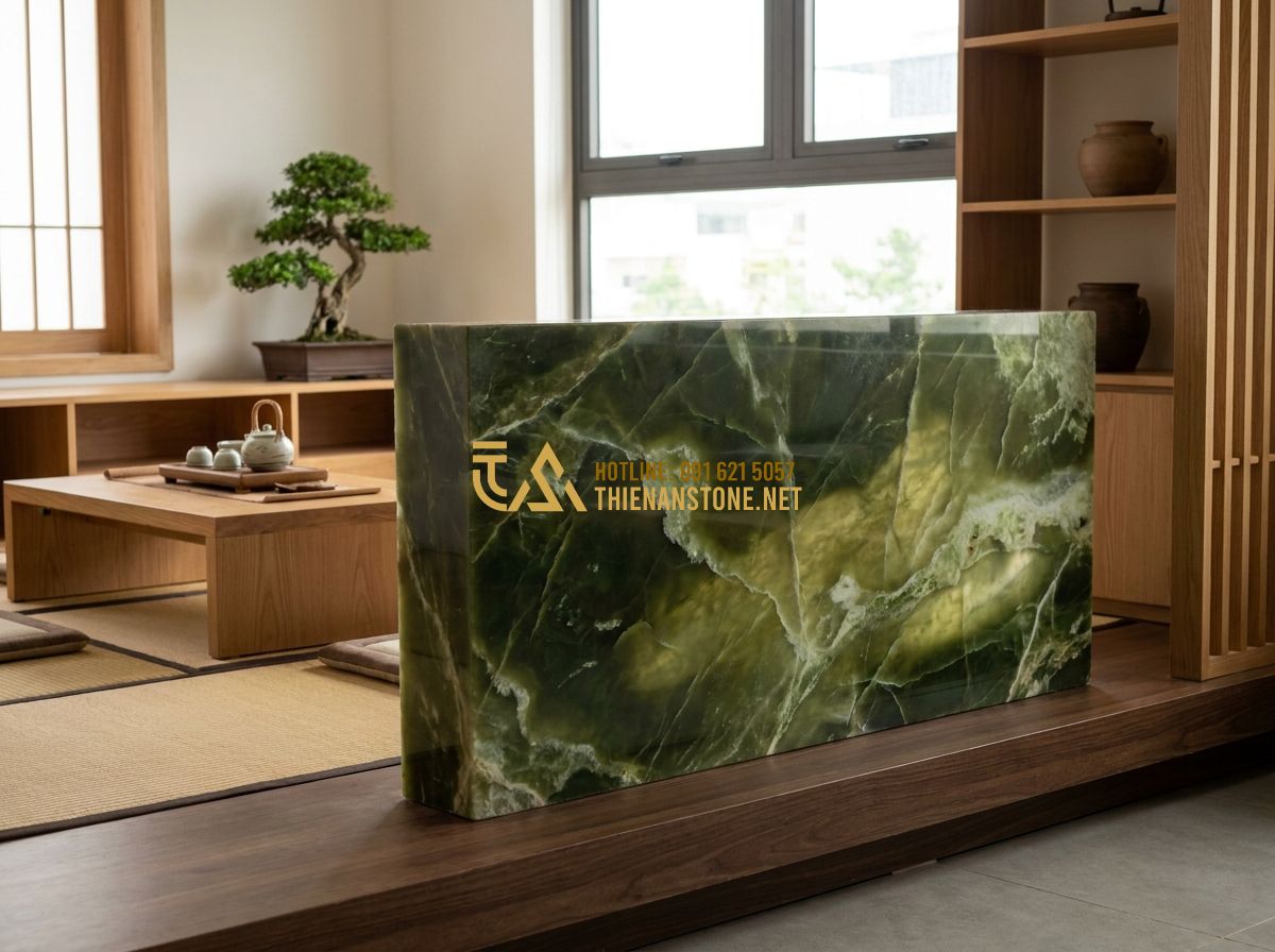 Sập Đá Xanh Yên Bái Tự Nhiên: Đặc Điểm & Mẫu Phản Đá Đẹp Dành Cho Thờ Cúng - Tạo ảnh tiếng Anh: A minimalist natural green stone slab (Sap da) with elegant v