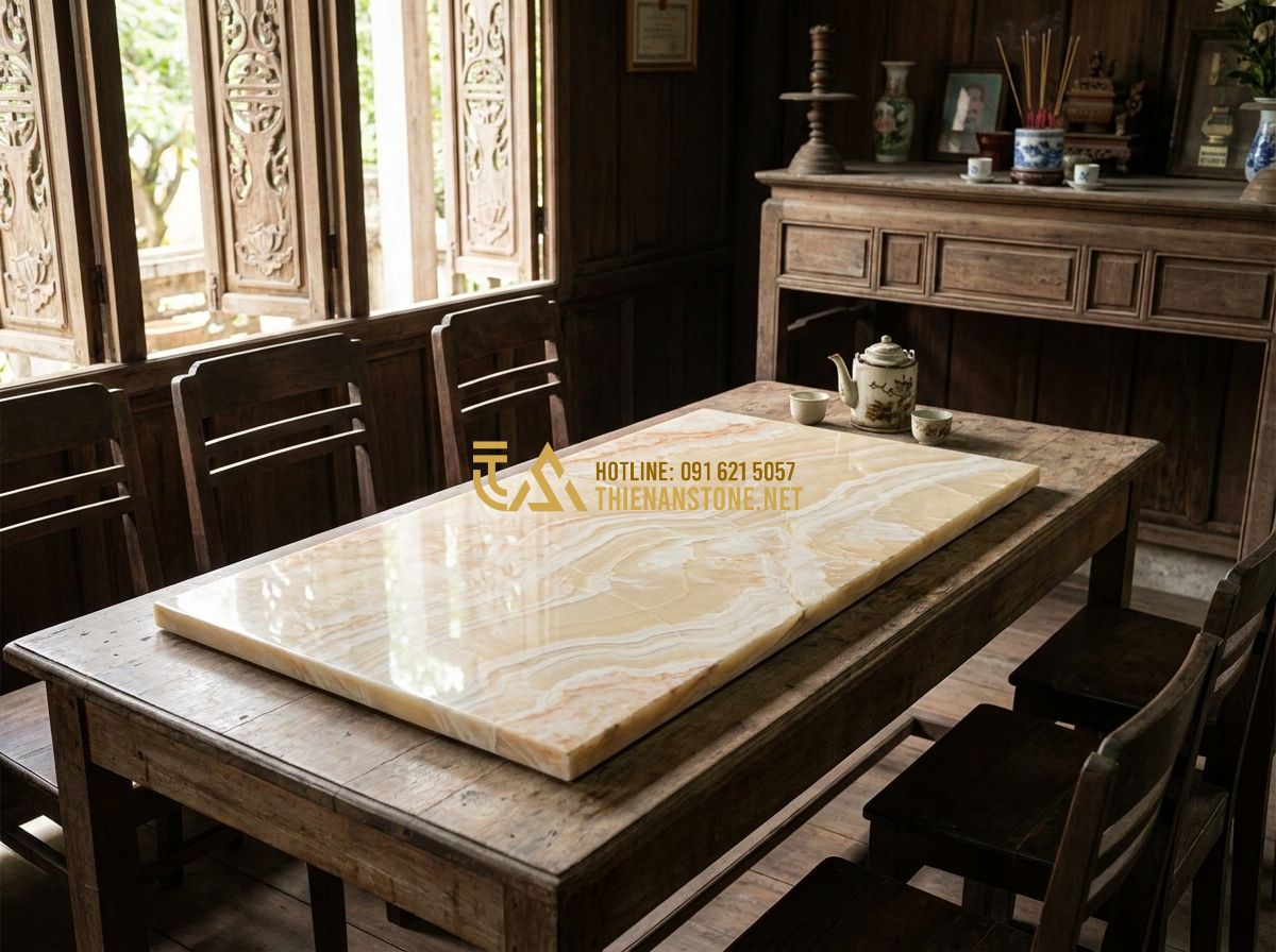 Sập Đá Xanh Yên Bái Tự Nhiên: Đặc Điểm & Mẫu Phản Đá Đẹp Dành Cho Thờ Cúng - Tạo ảnh tiếng Anh: An elderly Vietnamese man with a gentle face, wearing traditi