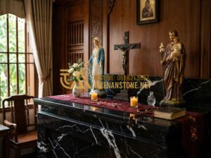 So Sánh Bàn Thờ Công Giáo Bằng Đá Và Gỗ: Lựa Chọn Nào Bền Đẹp Vĩnh Cửu? - Tạo ảnh tiếng Anh: [A professional and warm high-resolution image showing a Cath