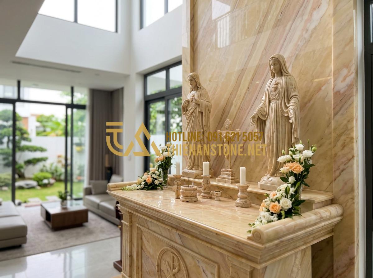 So Sánh Bàn Thờ Công Giáo Bằng Đá Và Gỗ: Lựa Chọn Nào Bền Đẹp Vĩnh Cửu? - Tạo ảnh tiếng Anh: [A luxury Catholic altar set made of premium white marble, fe
