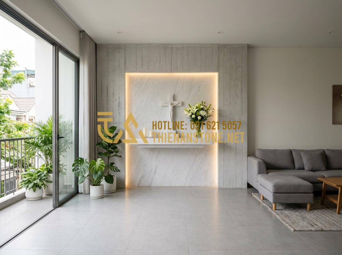 So Sánh Bàn Thờ Công Giáo Bằng Đá Và Gỗ: Lựa Chọn Nào Bền Đẹp Vĩnh Cửu? - Tạo ảnh tiếng Anh: [A wide shot of a modern living room featuring a minimalist s