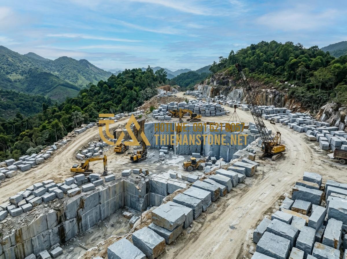 So Sánh Bàn Thờ Công Giáo Bằng Đá Và Gỗ: Lựa Chọn Nào Bền Đẹp Vĩnh Cửu? - Tạo ảnh tiếng Anh: [A sweeping view of a large natural stone quarry with massive