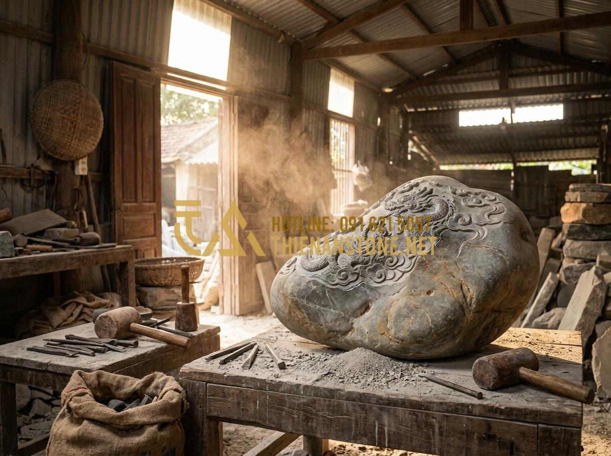 So Sánh Bàn Thờ Ông Địa Bằng Đá Nhân Tạo Và Đá Tự Nhiên: Nên Mua Loại Nào? - Tạo ảnh tiếng Anh: A skilled artisan in a traditional Vietnamese stone carving w