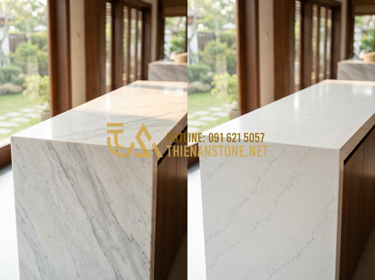So Sánh Bàn Thờ Ông Địa Bằng Đá Nhân Tạo Và Đá Tự Nhiên: Nên Mua Loại Nào? - Tạo ảnh tiếng Anh: A side-by-side comparison image: on the left, a natural grani