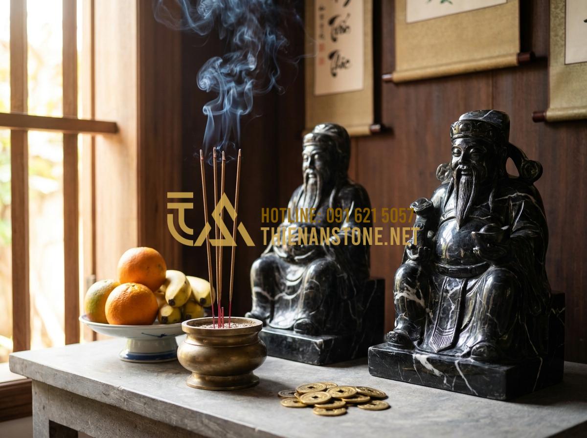 So Sánh Bàn Thờ Ông Địa Bằng Đá Nhân Tạo Và Đá Tự Nhiên: Nên Mua Loại Nào? - Tạo ảnh tiếng Anh: A serene and sacred altar space for the Earth God and Wealth