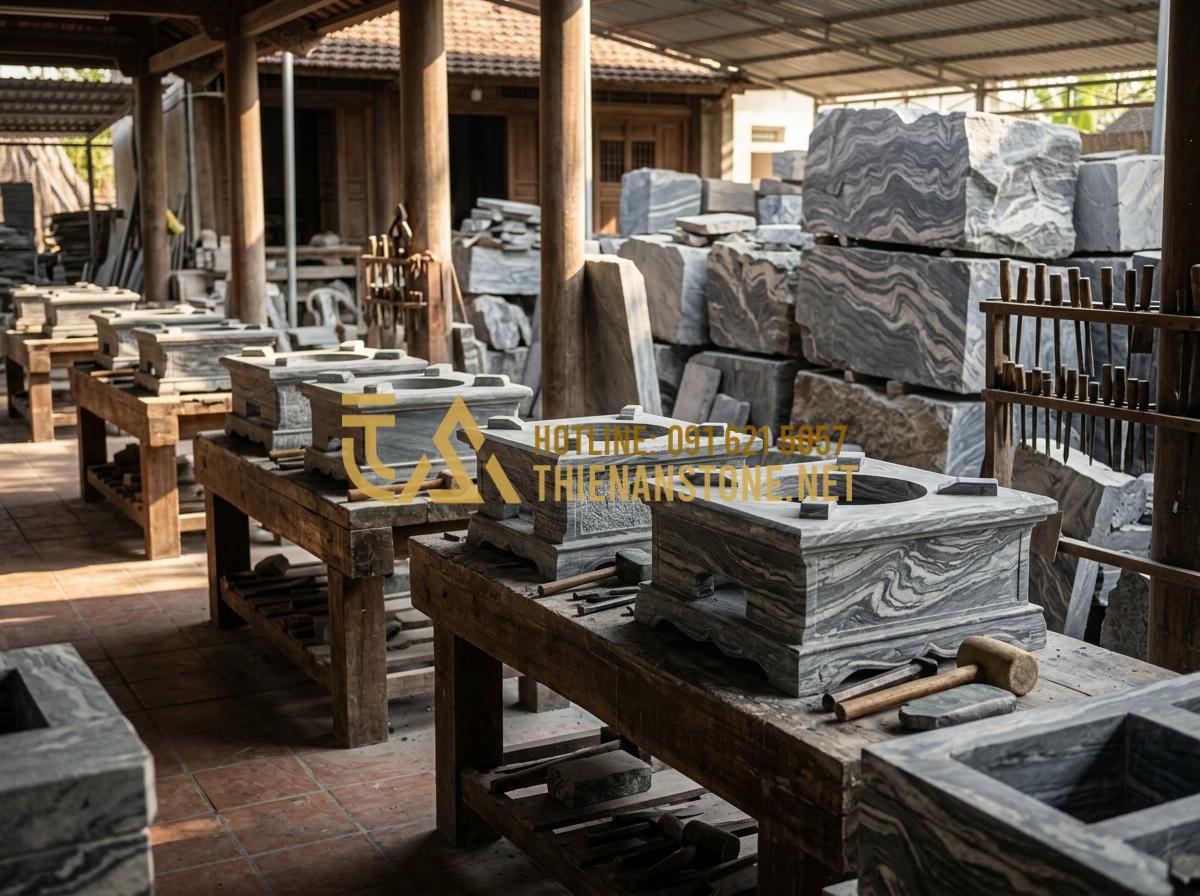 So sánh bếp đá hồng ngoại và bếp điện pha trà thông thường: Sự khác biệt là gì? - Tạo ảnh tiếng Anh: A panoramic shot of the Thien An Stone workshop. Artisans are