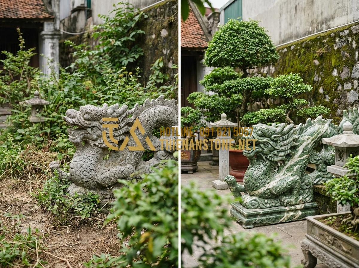 So Sánh Chiếu Rồng Đá Đen, Đá Trắng Và Đá Vàng Nghệ An: Nên Chọn Loại Nào? - Before and after photos of garden transformations using stone dragon features