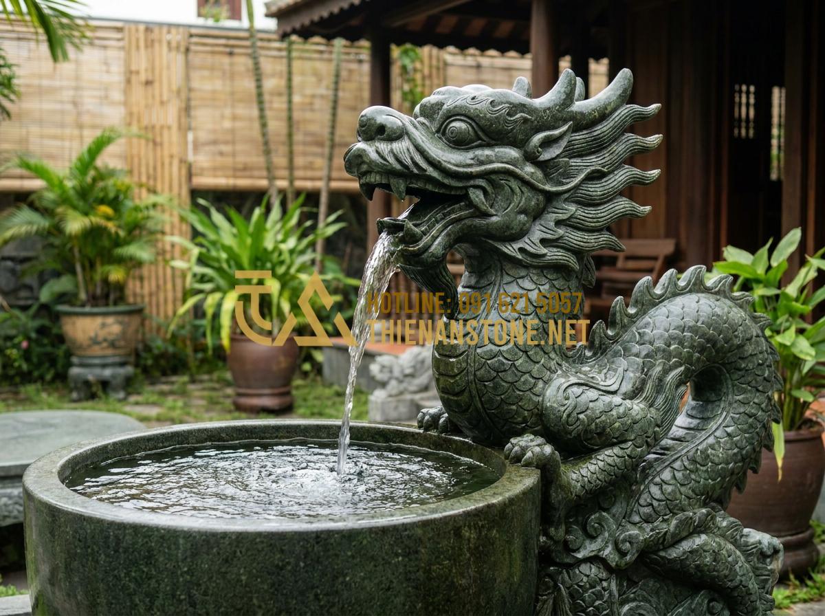 So Sánh Chiếu Rồng Đá Đen, Đá Trắng Và Đá Vàng Nghệ An: Nên Chọn Loại Nào? - Detailed black granite stone dragon sculpture with intricate scales and water fo