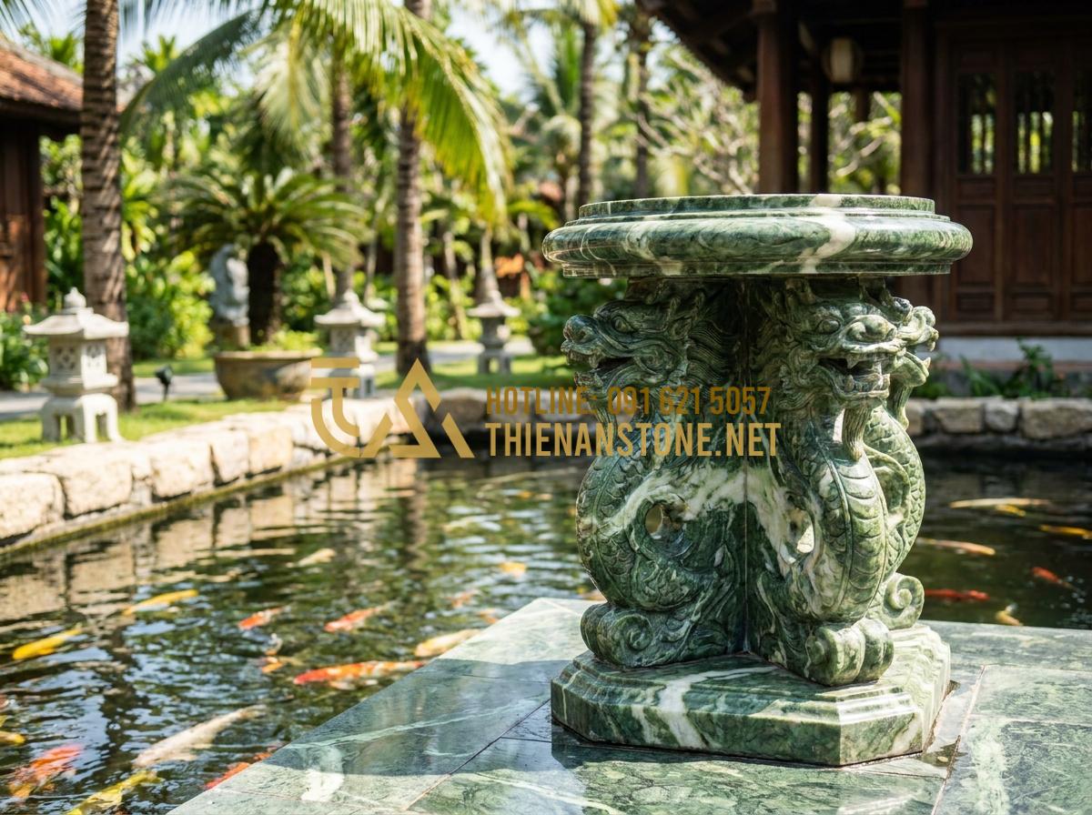 So Sánh Chiếu Rồng Đá Đen, Đá Trắng Và Đá Vàng Nghệ An: Nên Chọn Loại Nào? - Yellow Nghe An stone dragon pedestal with detailed carving placed beside a luxur