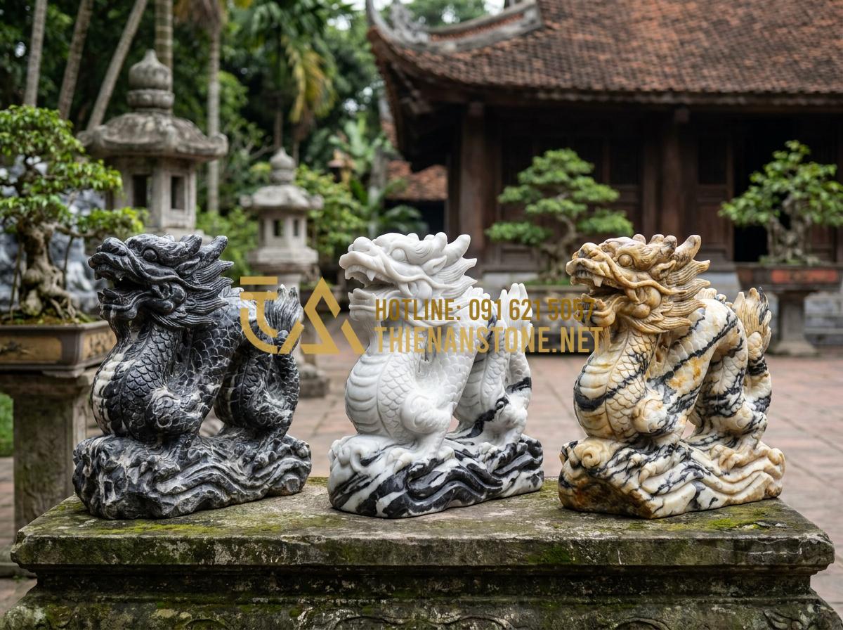 So Sánh Chiếu Rồng Đá Đen, Đá Trắng Và Đá Vàng Nghệ An: Nên Chọn Loại Nào? - Side-by-side comparison of black, white and yellow stone dragon sculptures in na