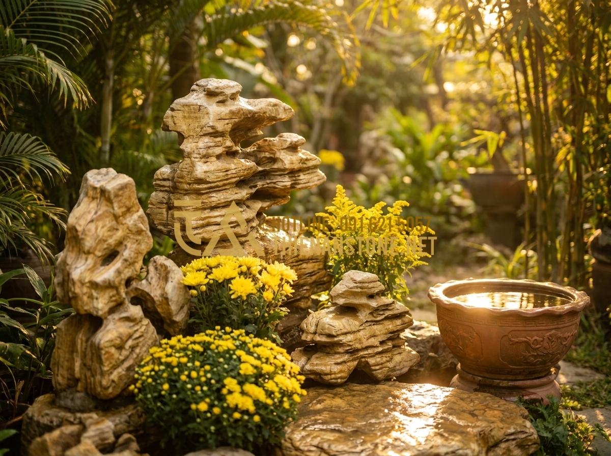 So Sánh Đá Cổ Thạch Xanh Và Vàng: Lựa Chọn Nào Phù Hợp Với Sân Vườn Của Bạn? - Hình 11 So Sánh Đá Cổ Thạch Xanh Và Vàng: Lựa Chọn Nào Phù Hợp Với Sân Vườn Của Bạn? - Golden ancient stones placed in wealth corner of garden with yellow flowers and