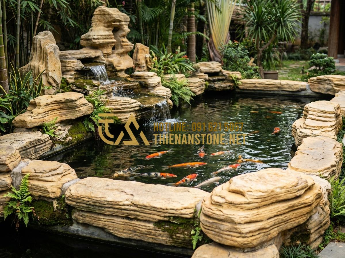 So Sánh Đá Cổ Thạch Xanh Và Vàng: Lựa Chọn Nào Phù Hợp Với Sân Vườn Của Bạn? - Hình 13 So Sánh Đá Cổ Thạch Xanh Và Vàng: Lựa Chọn Nào Phù Hợp Với Sân Vườn Của Bạn? - Beautiful Koi pond built with mixed green and yellow ancient stones, crystal cle
