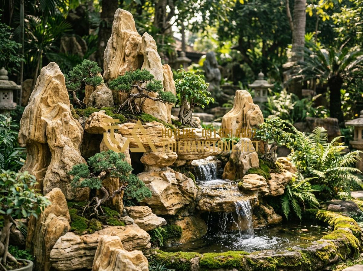 So Sánh Đá Cổ Thạch Xanh Và Vàng: Lựa Chọn Nào Phù Hợp Với Sân Vườn Của Bạn? - Hình 14 So Sánh Đá Cổ Thạch Xanh Và Vàng: Lựa Chọn Nào Phù Hợp Với Sân Vườn Của Bạn? - Detailed non-bo rockery using ancient stones with miniature trees and waterfall