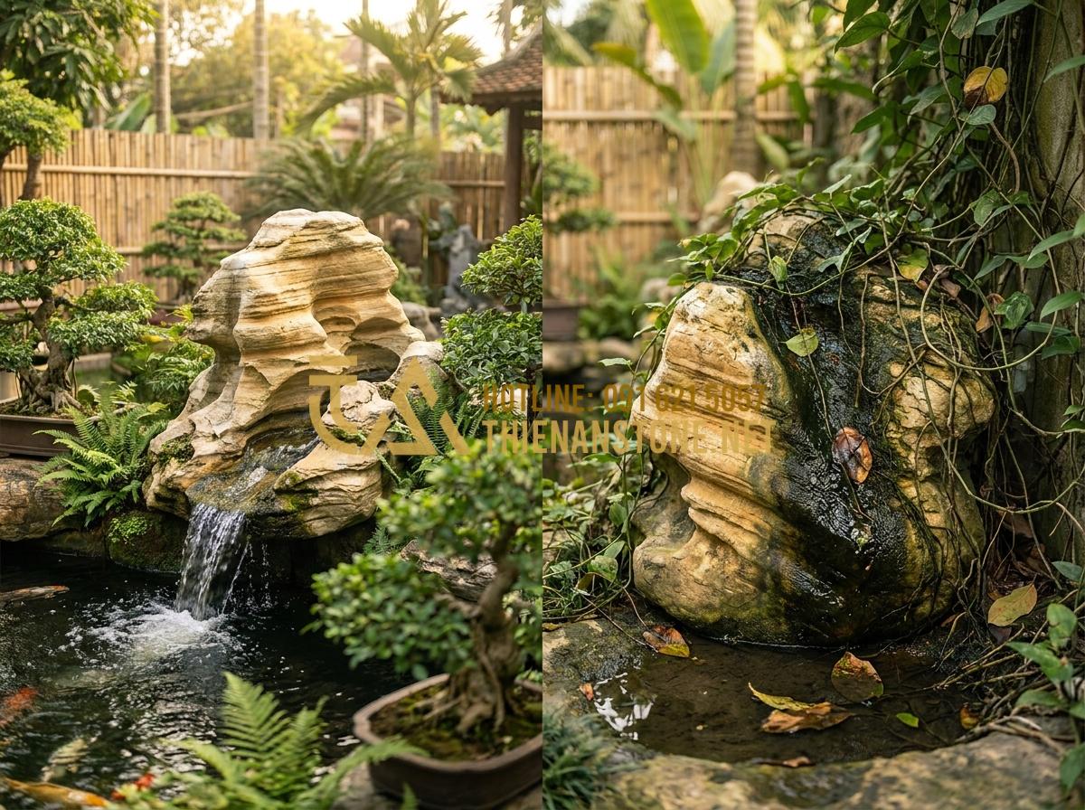So Sánh Đá Cổ Thạch Xanh Và Vàng: Lựa Chọn Nào Phù Hợp Với Sân Vườn Của Bạn? - Hình 15 So Sánh Đá Cổ Thạch Xanh Và Vàng: Lựa Chọn Nào Phù Hợp Với Sân Vườn Của Bạn? - Pros and cons visual of green ancient stone in garden context with labels