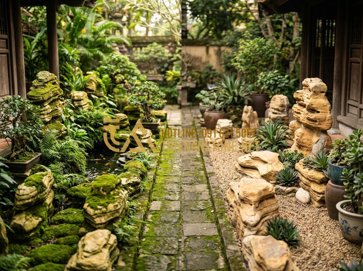 So Sánh Đá Cổ Thạch Xanh Và Vàng: Lựa Chọn Nào Phù Hợp Với Sân Vườn Của Bạn? - Hình 16 So Sánh Đá Cổ Thạch Xanh Và Vàng: Lựa Chọn Nào Phù Hợp Với Sân Vườn Của Bạn? - Balanced comparison layout of green vs yellow stones in same garden scene