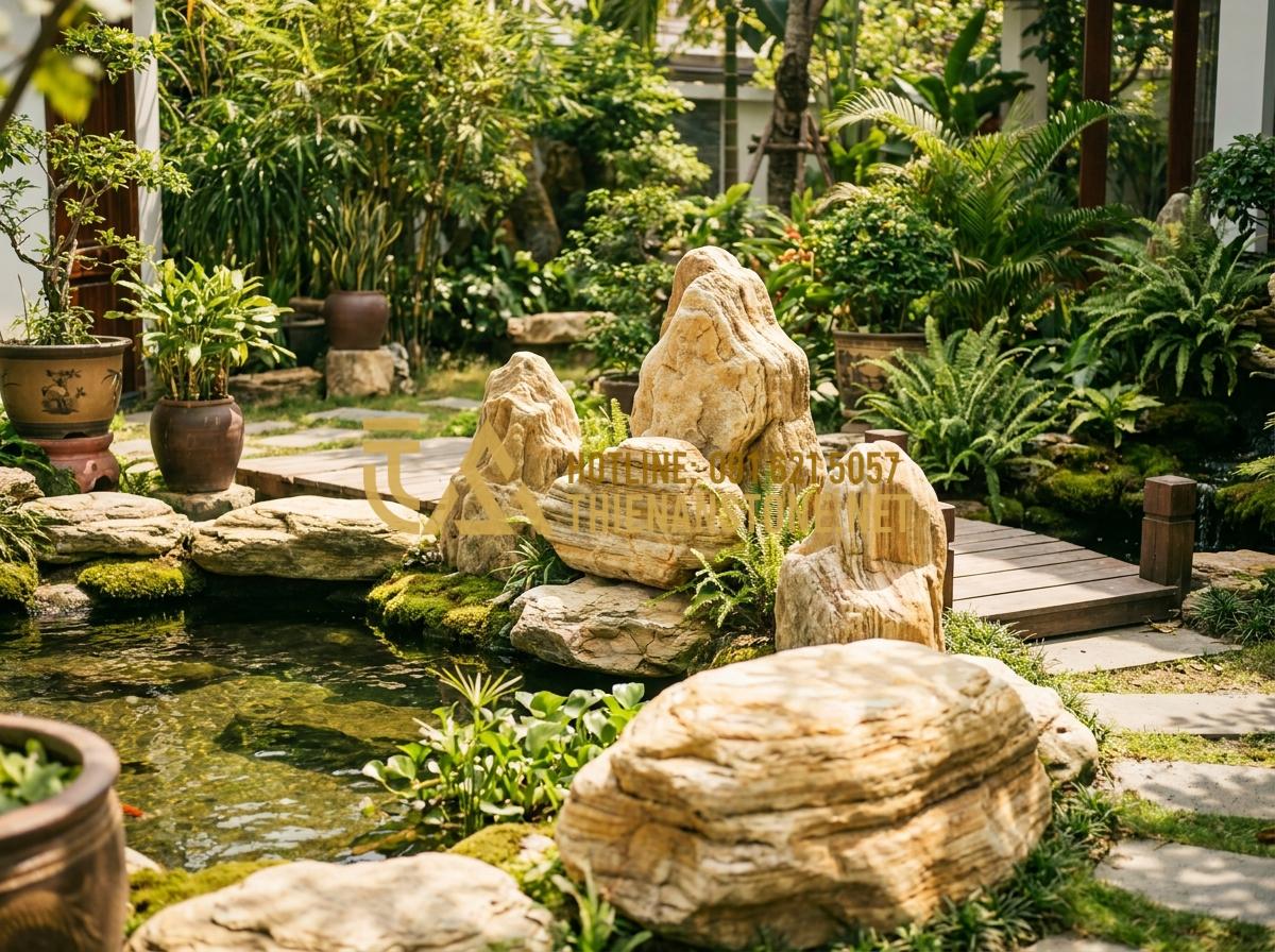 So Sánh Đá Cổ Thạch Xanh Và Vàng: Lựa Chọn Nào Phù Hợp Với Sân Vườn Của Bạn? - Hình 18 So Sánh Đá Cổ Thạch Xanh Và Vàng: Lựa Chọn Nào Phù Hợp Với Sân Vườn Của Bạn? - Happy family in their newly designed garden with chosen ancient stones, sunny da
