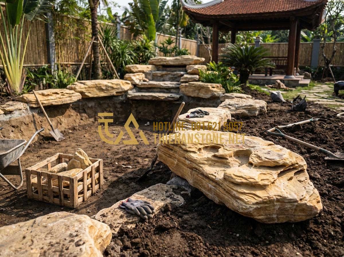 So Sánh Đá Cổ Thạch Xanh Và Vàng: Lựa Chọn Nào Phù Hợp Với Sân Vườn Của Bạn? - Hình 19 So Sánh Đá Cổ Thạch Xanh Và Vàng: Lựa Chọn Nào Phù Hợp Với Sân Vườn Của Bạn? - Professional team installing ancient stones in luxury garden project, constructi