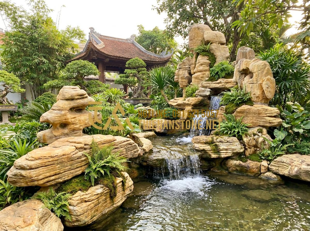 So Sánh Đá Cổ Thạch Xanh Và Vàng: Lựa Chọn Nào Phù Hợp Với Sân Vườn Của Bạn? - Hình 2 So Sánh Đá Cổ Thạch Xanh Và Vàng: Lựa Chọn Nào Phù Hợp Với Sân Vườn Của Bạn? - Wide angle view of luxurious Vietnamese villa garden featuring both green and ye