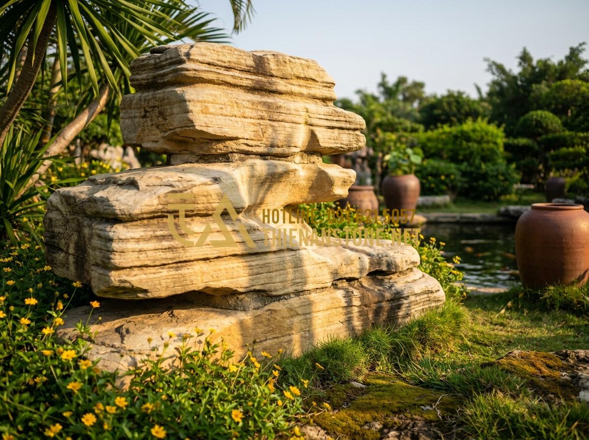 So Sánh Đá Cổ Thạch Xanh Và Vàng: Lựa Chọn Nào Phù Hợp Với Sân Vườn Của Bạn? - Hình 5 So Sánh Đá Cổ Thạch Xanh Và Vàng: Lựa Chọn Nào Phù Hợp Với Sân Vườn Của Bạn? - Golden ancient stone blocks stacked naturally with sunlight casting warm glow an