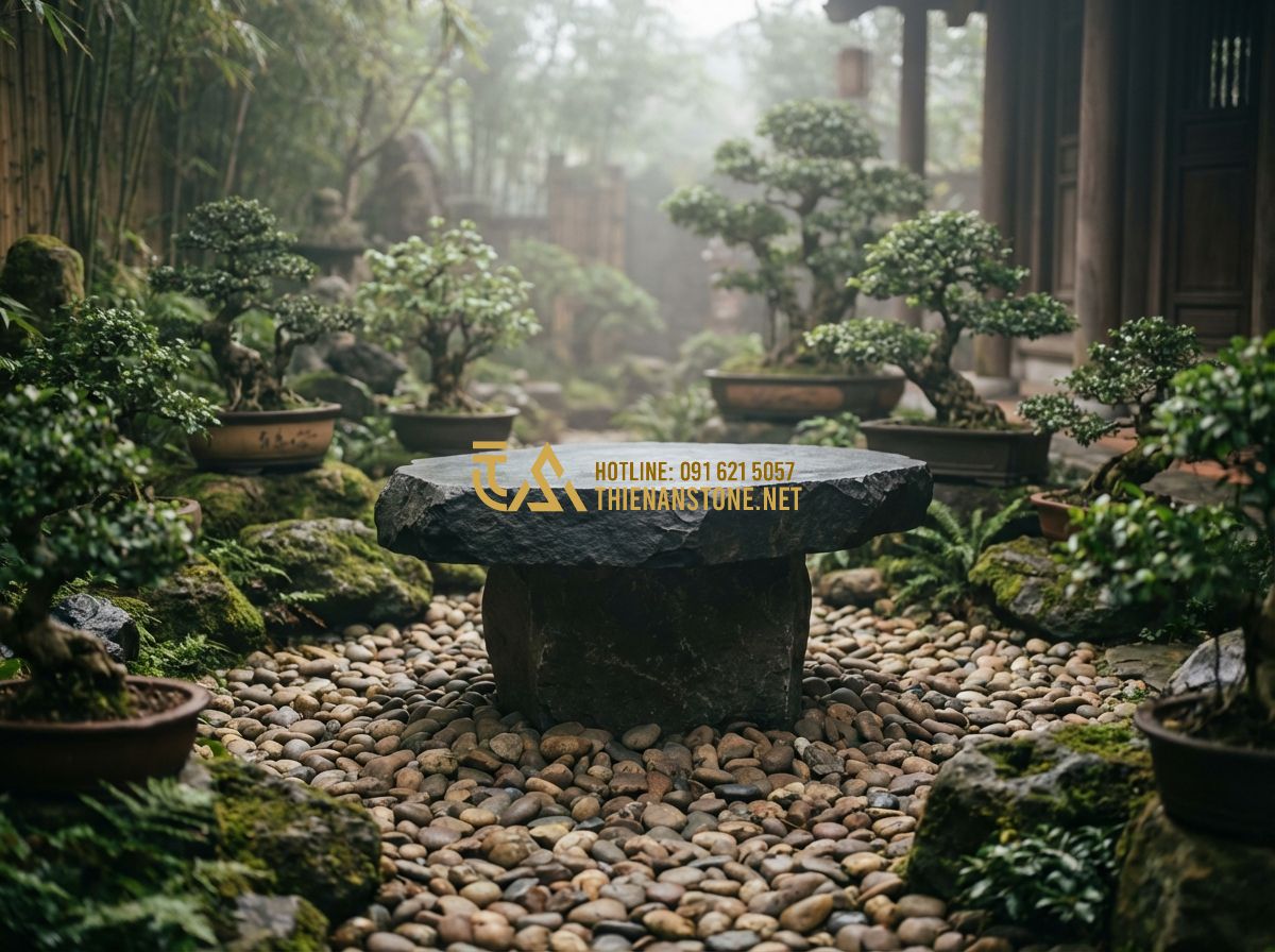 So Sánh Đá Granite Và Đá Bazan Làm Bàn Ghế Sân Vườn: Loại Nào Tốt Hơn? - Hình 3 So Sánh Đá Granite Và Đá Bazan Làm Bàn Ghế Sân Vườn: Loại Nào Tốt Hơn? - Tạo ảnh tiếng Anh: A rugged, natural basalt stone table set in a Japanese-style