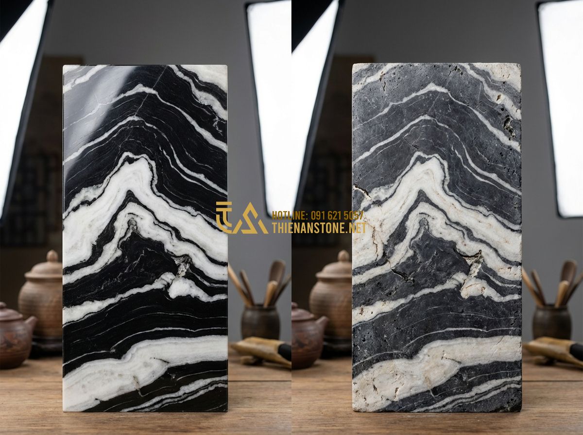 So Sánh Đá Granite Và Đá Bazan Làm Bàn Ghế Sân Vườn: Loại Nào Tốt Hơn? - Hình 4 So Sánh Đá Granite Và Đá Bazan Làm Bàn Ghế Sân Vườn: Loại Nào Tốt Hơn? - Tạo ảnh tiếng Anh: A side-by-side comparison visualization of two stone textures