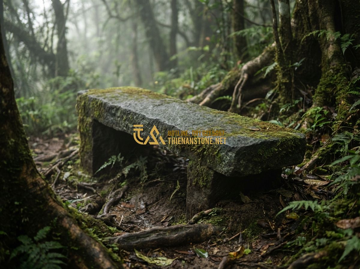 So Sánh Đá Granite Và Đá Bazan Làm Bàn Ghế Sân Vườn: Loại Nào Tốt Hơn? - Hình 5 So Sánh Đá Granite Và Đá Bazan Làm Bàn Ghế Sân Vườn: Loại Nào Tốt Hơn? - Tạo ảnh tiếng Anh: An ancient-looking basalt stone bench covered with a thin, ar