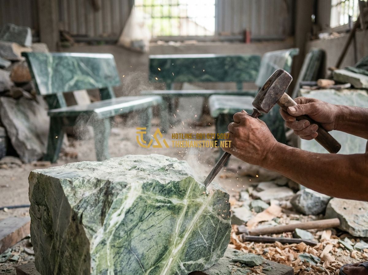 So Sánh Đá Granite Và Đá Bazan Làm Bàn Ghế Sân Vườn: Loại Nào Tốt Hơn? - Hình 6 So Sánh Đá Granite Và Đá Bazan Làm Bàn Ghế Sân Vườn: Loại Nào Tốt Hơn? - Tạo ảnh tiếng Anh: A master craftsman in a dusty workshop carefully carving a la