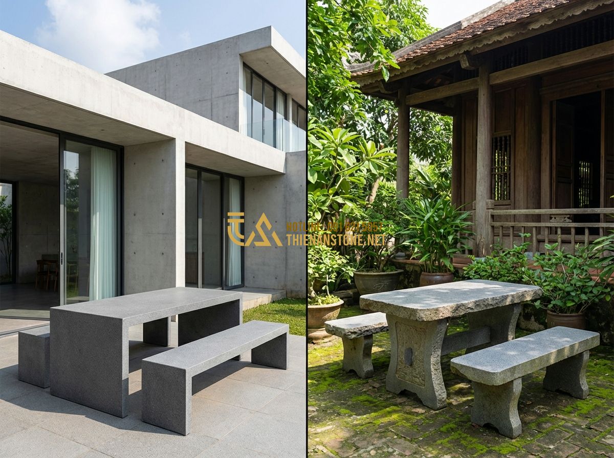 So Sánh Đá Granite Và Đá Bazan Làm Bàn Ghế Sân Vườn: Loại Nào Tốt Hơn? - Hình 8 So Sánh Đá Granite Và Đá Bazan Làm Bàn Ghế Sân Vườn: Loại Nào Tốt Hơn? - Tạo ảnh tiếng Anh: A split-screen architectural visualization. One side shows a