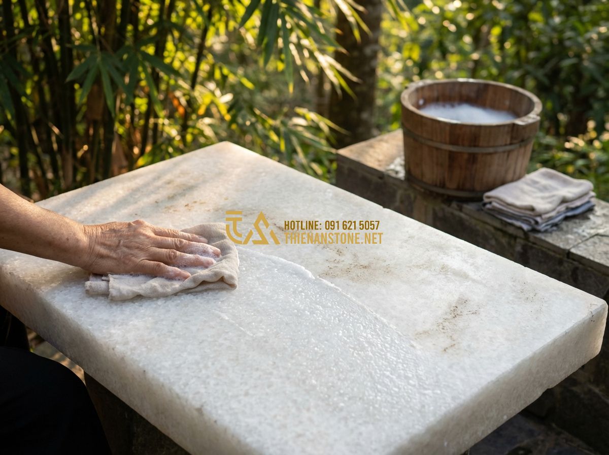 So Sánh Đá Granite Và Đá Bazan Làm Bàn Ghế Sân Vườn: Loại Nào Tốt Hơn? - Hình 9 So Sánh Đá Granite Và Đá Bazan Làm Bàn Ghế Sân Vườn: Loại Nào Tốt Hơn? - Tạo ảnh tiếng Anh: A person gently cleaning a stone table with a soft cloth and