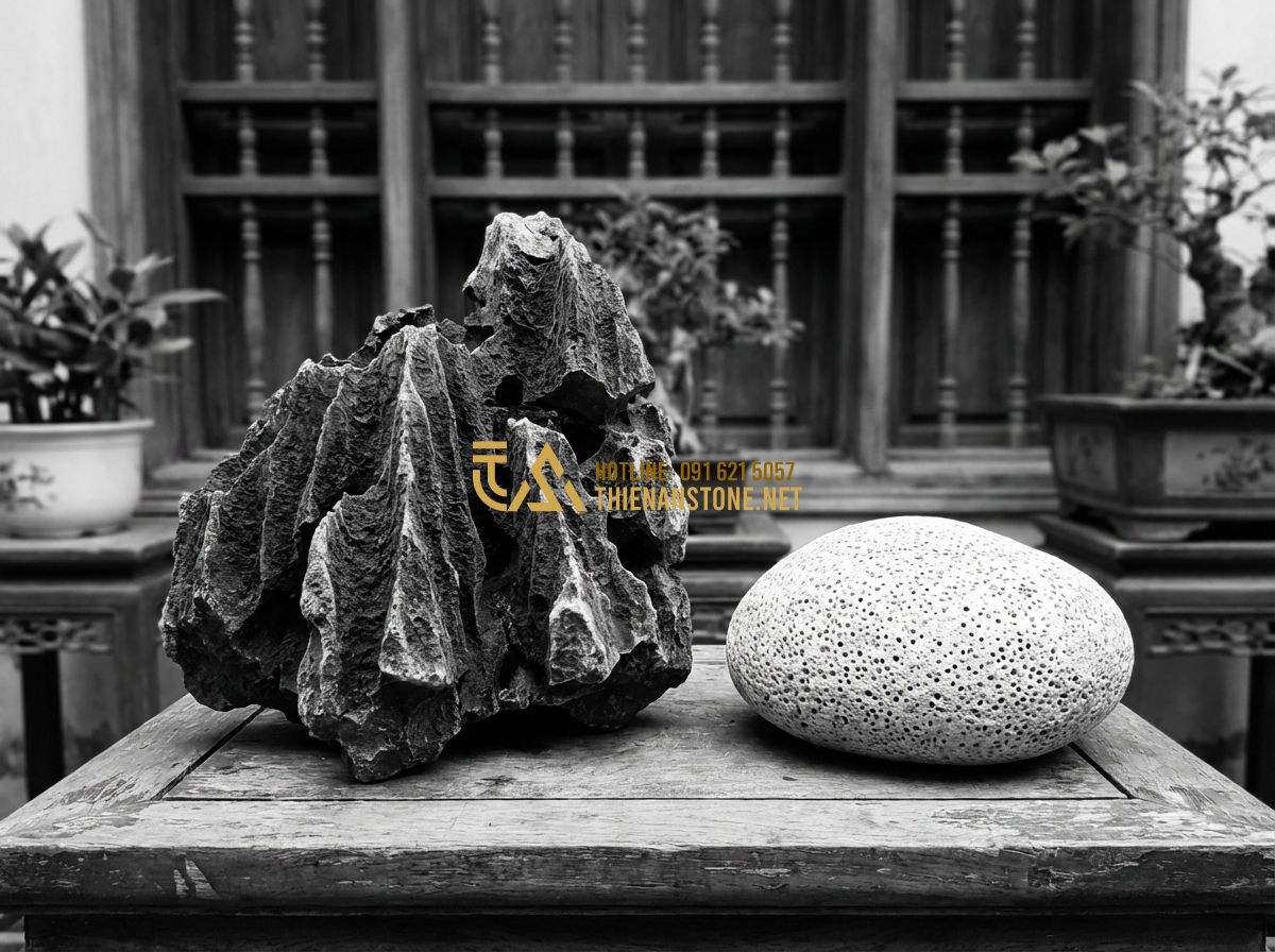 So Sánh Đá Tai Mèo Với Đá Vữa, Đá Lava Và Đá San Hô Trong Làm Cảnh - Tạo ảnh tiếng Anh: A high-contrast photo showing a Tai Meo stone and a Coral sto