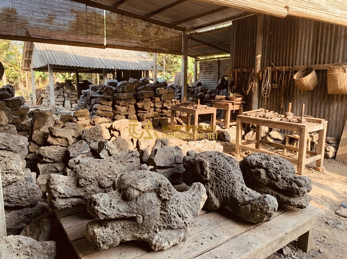 So Sánh Đá Tai Mèo Với Đá Vữa, Đá Lava Và Đá San Hô Trong Làm Cảnh - Tạo ảnh tiếng Anh: An expert craftsman at Thien An Stone workshop carefully sele