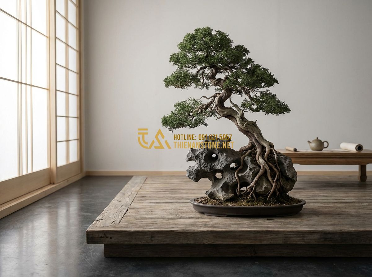 So Sánh Đá Tai Mèo Với Đá Vữa, Đá Lava Và Đá San Hô Trong Làm Cảnh - Tạo ảnh tiếng Anh: A beautiful Bonsai tree (Shimpaku Juniper) skillfully styled