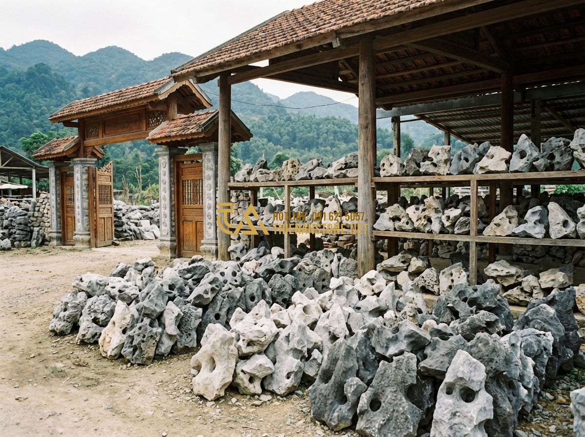 So Sánh Đá Tai Mèo Với Đá Vữa, Đá Lava Và Đá San Hô Trong Làm Cảnh - Tạo ảnh tiếng Anh: A wide shot of the Thien An Stone workshop in Phu Tho, showin