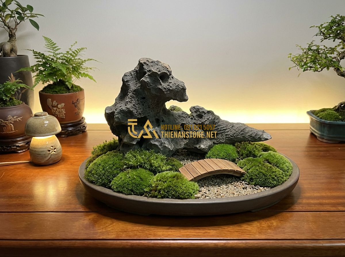 So Sánh Đá Tai Mèo Với Đá Vữa, Đá Lava Và Đá San Hô Trong Làm Cảnh - Tạo ảnh tiếng Anh: A serene final shot of a completed indoor miniature garden fe