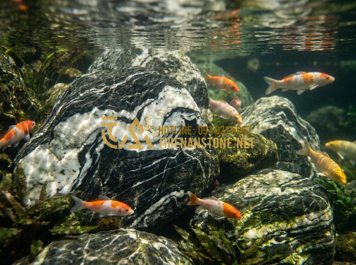 So sánh đá Tuyết Sơn và đá Cổ Thạch: Nên chọn loại nào làm non bộ? - Underwater view of stones in a koi pond with clear water showing compatibility o