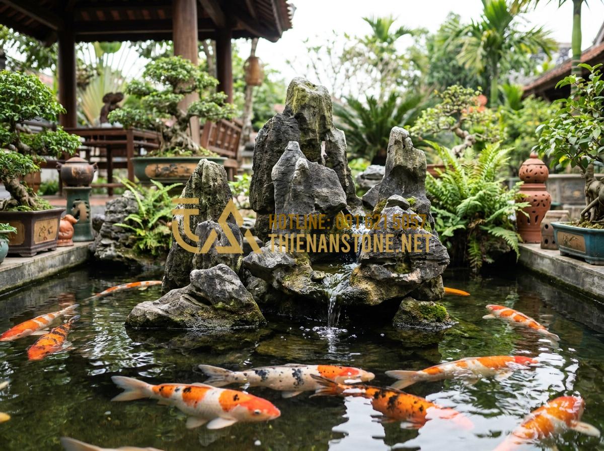 So sánh đá Tuyết Sơn và đá Cổ Thạch: Nên chọn loại nào làm non bộ? - Koi fish swimming gracefully around non bo stones in a well-balanced water featu