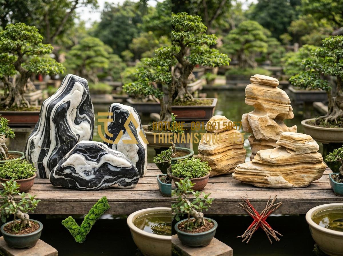 So sánh đá Tuyết Sơn và đá Cổ Thạch: Nên chọn loại nào làm non bộ? - Pros and cons comparison infographic style image of Tuyet Son vs Co Thach stones