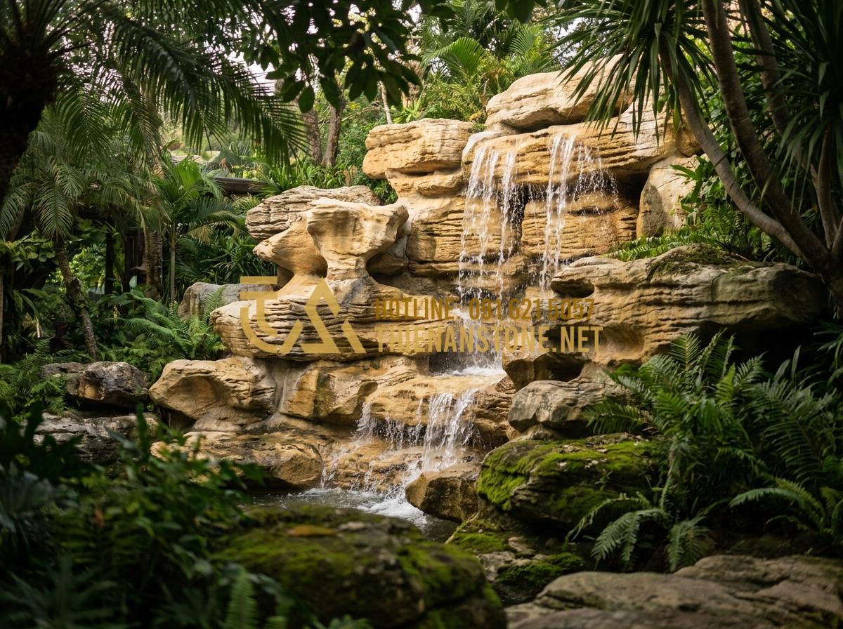 So sánh đá Tuyết Sơn và đá Cổ Thạch: Nên chọn loại nào làm non bộ? - High end resort non bo feature using ancient Co Thach stones with waterfalls and