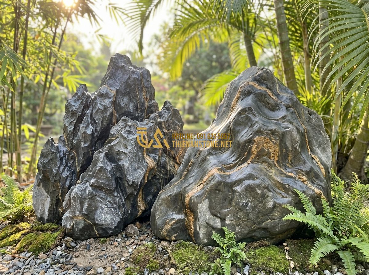 So Sánh Đá Vân Thạch Với Đá Granite, Đá Cuội Và Đá Bazan Khi Làm Hồ Cá & Tiểu Cảnh - Tạo ảnh tiếng Anh: A side-by-side comparison of two large decorative stones in a