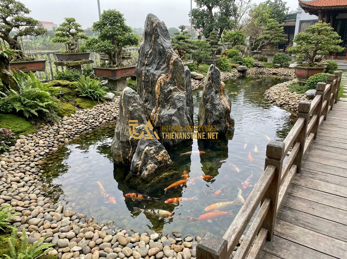 So Sánh Đá Vân Thạch Với Đá Granite, Đá Cuội Và Đá Bazan Khi Làm Hồ Cá & Tiểu Cảnh - Tạo ảnh tiếng Anh: A luxury Koi pond scene where large Van Thach stones with swi